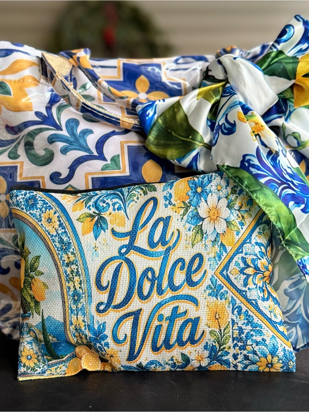 Amalfi Coast La Dolce Vita Handbag Ensemble Cosmetic Bag & Large Scarf Wrap.
